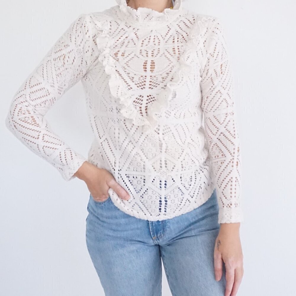 See by Chloé Cream Crochet Lace Ruffle Top Romantic Cottagecore Coquette Shirt S